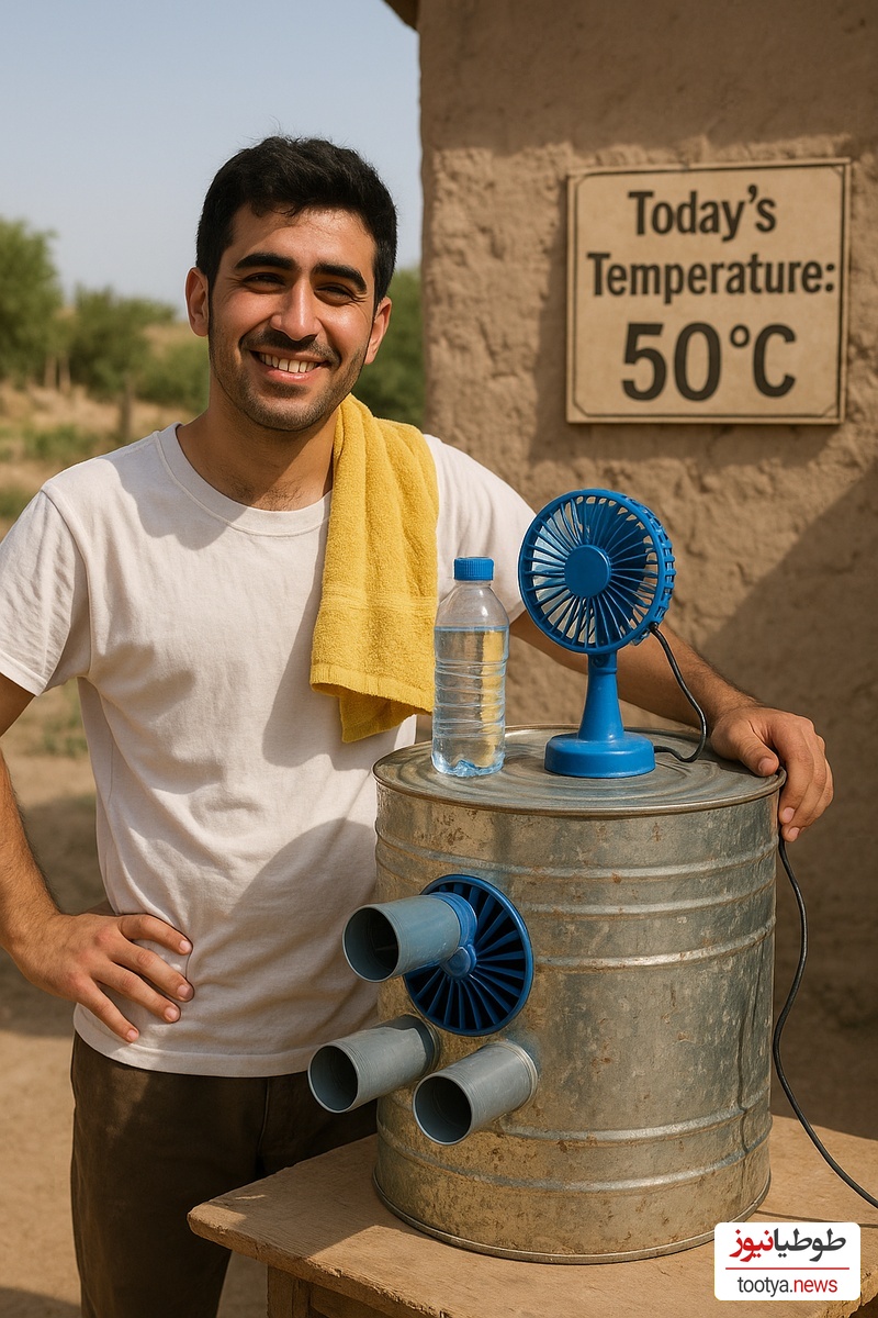 خلاقیت خنده‌دار جوان ایرانی در ساخت کولر با قوطی حلبی برای فرار از گرمای 50 درجه  حماسه آفرید
