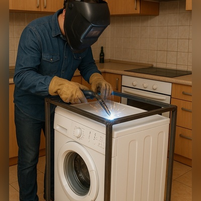 خلاقیت خنده‌دار اوستا جوشکار برای حل مشکل حرکت لباسشویی در کف آشپزخانه مرزهای باهوشی رو جابجا کرد+فیلم / این مشتری تا آخر عمرش دعات میکنه😂