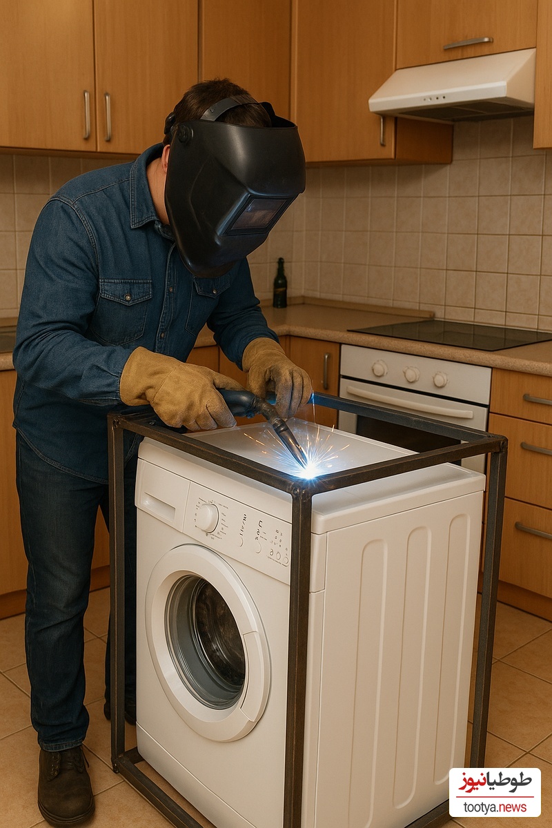 خلاقیت خنده‌دار اوستا جوشکار برای حل مشکل حرکت لباسشویی در کف آشپزخانه مرزهای باهوشی رو جابجا کرد+فیلم / این مشتری تا آخر عمرش دعات میکنه😂