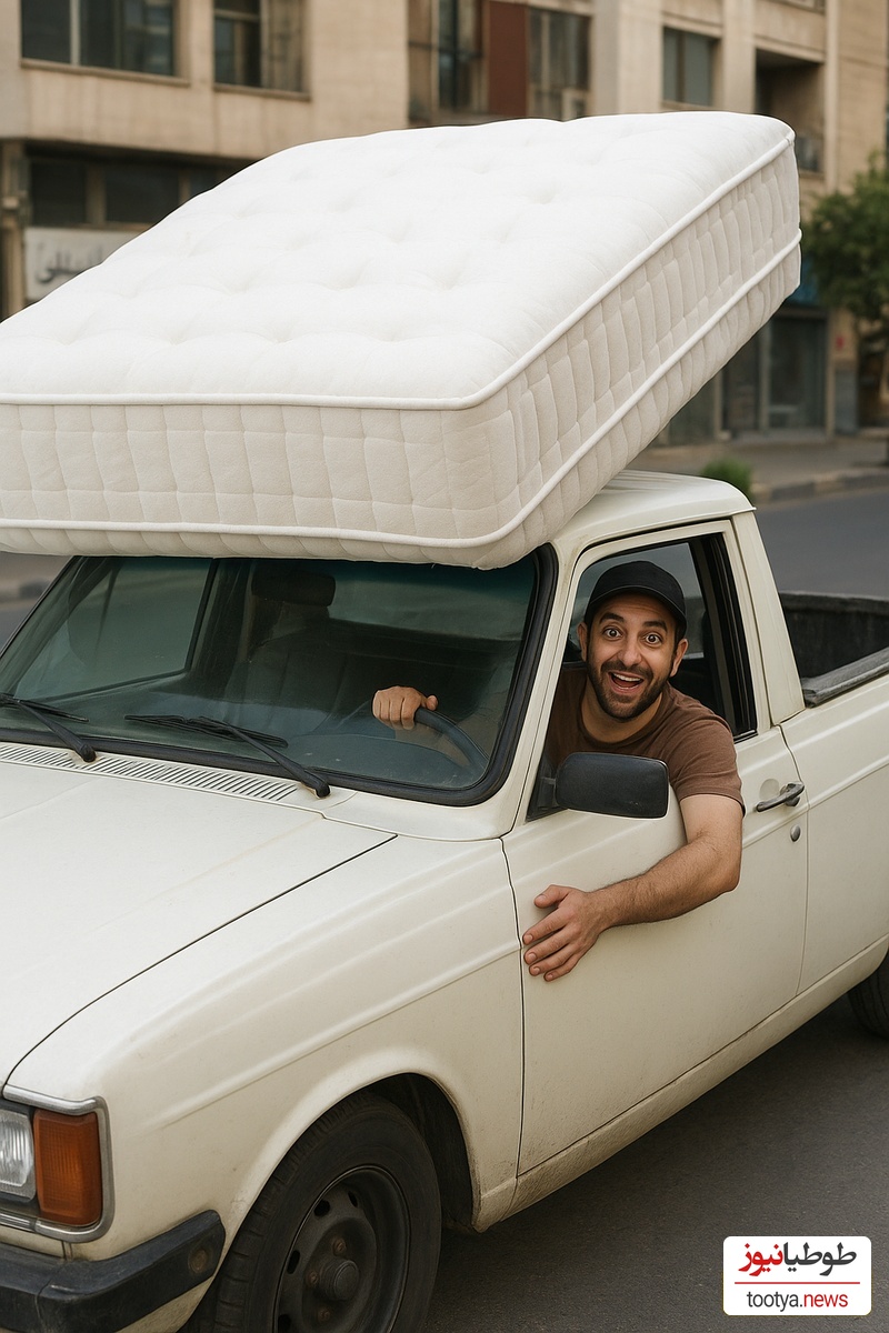 خلاقیت خنده‌دار راننده وانت تهرانی در حمل بار حماسه آفرید/ بفرما تکنولوژی وطنی به سبک پت و مت روزگار