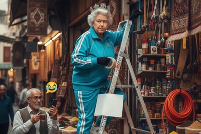 خلاقیت بامزه مغازه‌دار صالح‌آبادی در استفاده از ملکه الیزابت برای تبلیغ کسب و کارش+فیلم/ بهترین استفاده از هوش مصنوعی با اختلاف😂