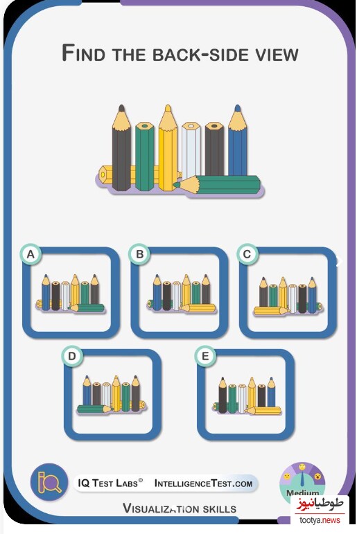 چالش روزانه‌ی باهوش شو!/ فقط افرادی با IQ بالای 100 میتوانند زیر 9 ثانیه این بازی فکری رو حل کنند/ نمای پشتی این تصویر کدام گزینه است؟