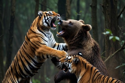 مستند حیات وحش سلاطین جنگل/ حمله دو ببر تیزپا به خرس قهوه ای+فیلم