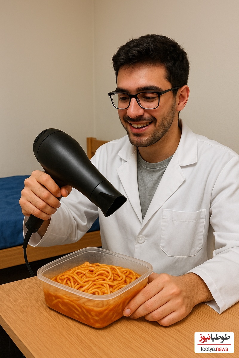 در ستایش روز دانشجو؛ خلاقیت خنده‌دار دانشجوی رشته داروسازی برای گرم کردن غذا با سشوار در خوابگاه حماسه آفرید/ امکانات 0 خلاقیت 100😂