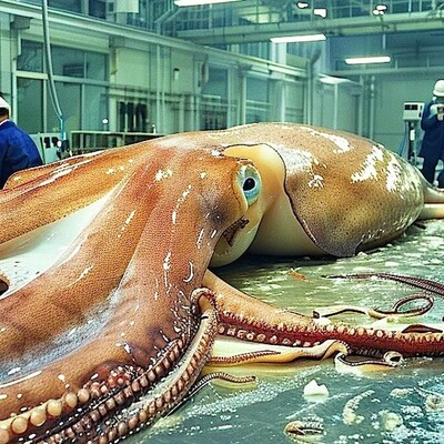 (تصاویر)ماهی مرکب در اعماق تاریک اقیانوس به دام افتاد!/یه دسته تخم هم بغلش گرفته...
