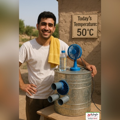 زنگ خلاقیت:ابتکار تحسین برانگیز جوان ایرانی در ساخت کولر با قوطی حلبی برای فرار از گرمای 50 درجه ثابت کرد که هنر نزد ایرانیان است و بس