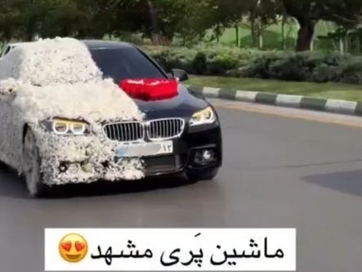 ابتکار خلاقانه عروس و داماد مشهدی در تزئین  ماشین عروس با پر سفید پرنده+ویدیو