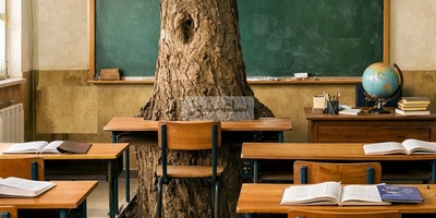 مدیر مدرسه علوی تبریز با خلاقیت در کلاس درس، از درخت 50 ساله مراقبت می‌کند