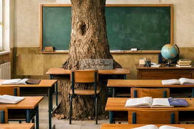 مدیر مدرسه علوی تبریز با خلاقیت در کلاس درس، از درخت 50 ساله مراقبت می‌کند