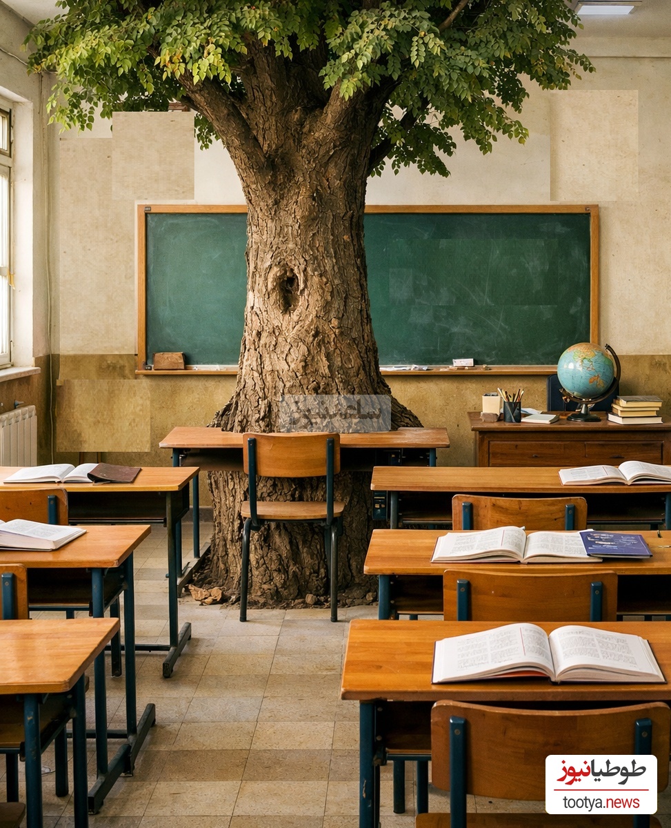 مدیر مدرسه علوی تبریز با خلاقیت در کلاس درس، از درخت 50 ساله مراقبت می‌کند